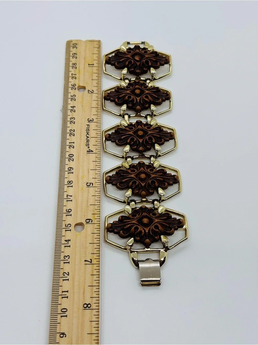 Vintage 1950s–1960s Selini Faux Wood & Gold-Tone Panel Link Bracelet SIGNED
